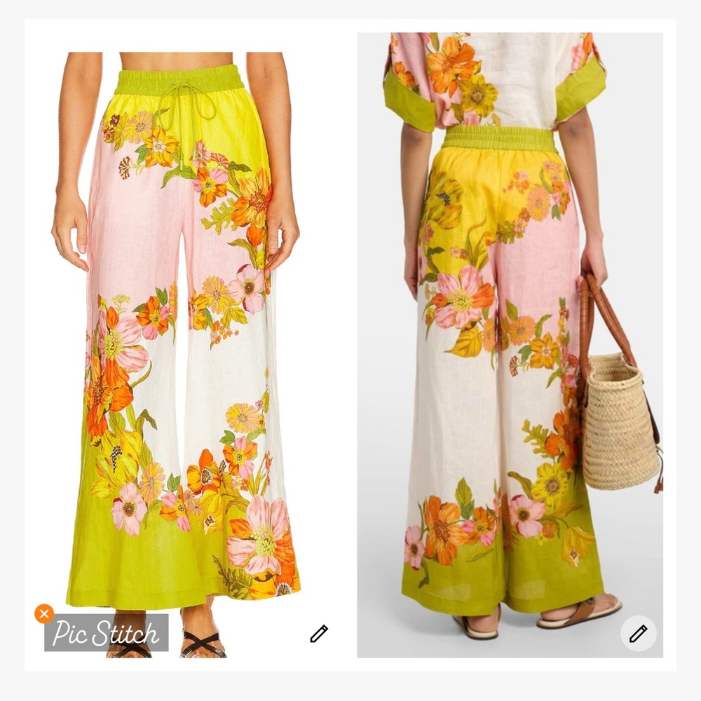 Wide Leg Floral Linen-Blend Pants in Yellow & Pink